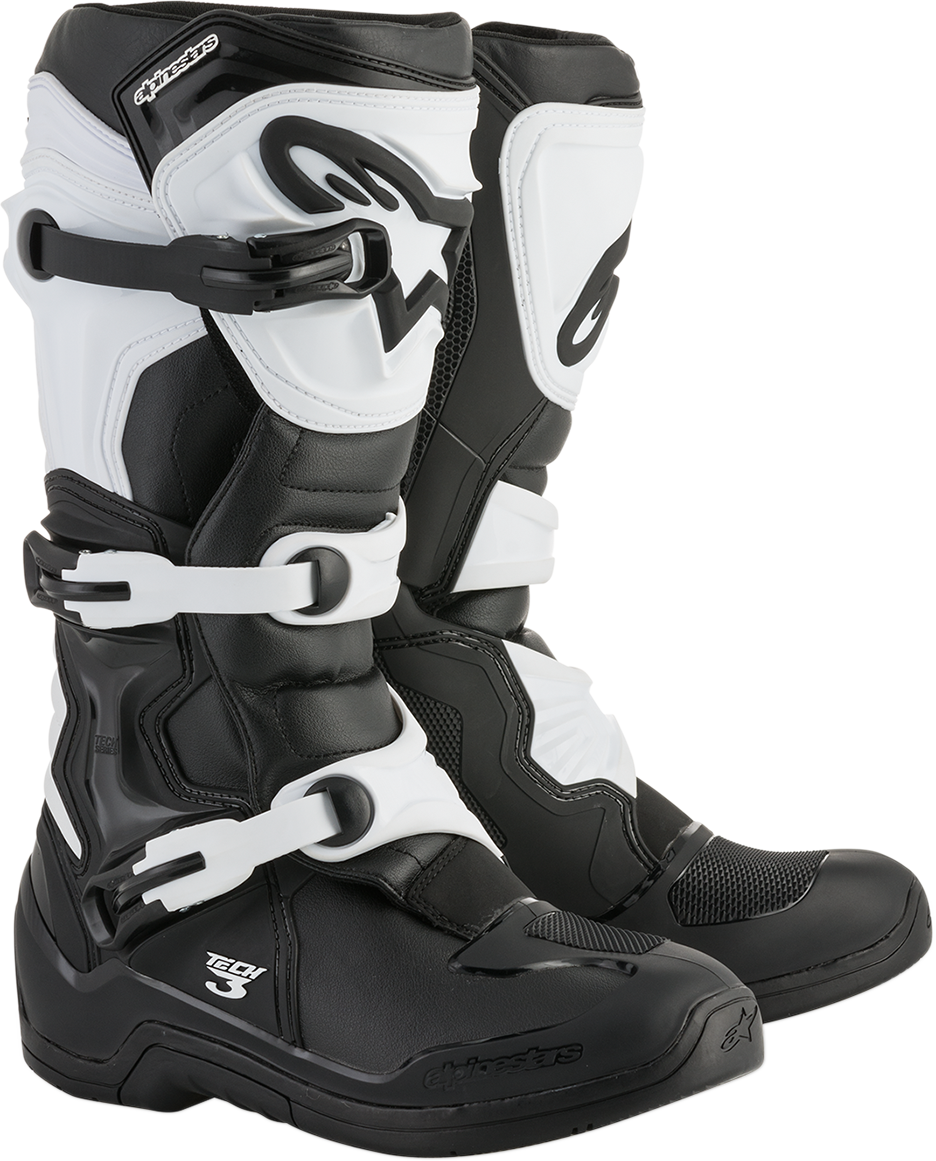 Alpinestars Tech 3 motorcycle riding boots in black and white, US size 14, featuring protective armor and durable construction.