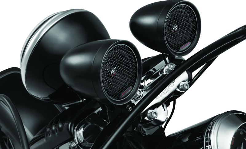 Kuryakyn Road Thunder Speaker Pods Bluetooth audio controller mounted on motorcycle handlebar showing buttons and controls