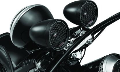 Kuryakyn Road Thunder Speaker Pods Bluetooth audio controller mounted on motorcycle handlebar showing buttons and controls
