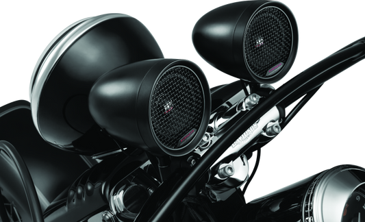Kuryakyn Road Thunder Speaker Pods Bluetooth audio controller mounted on motorcycle handlebar showing buttons and controls