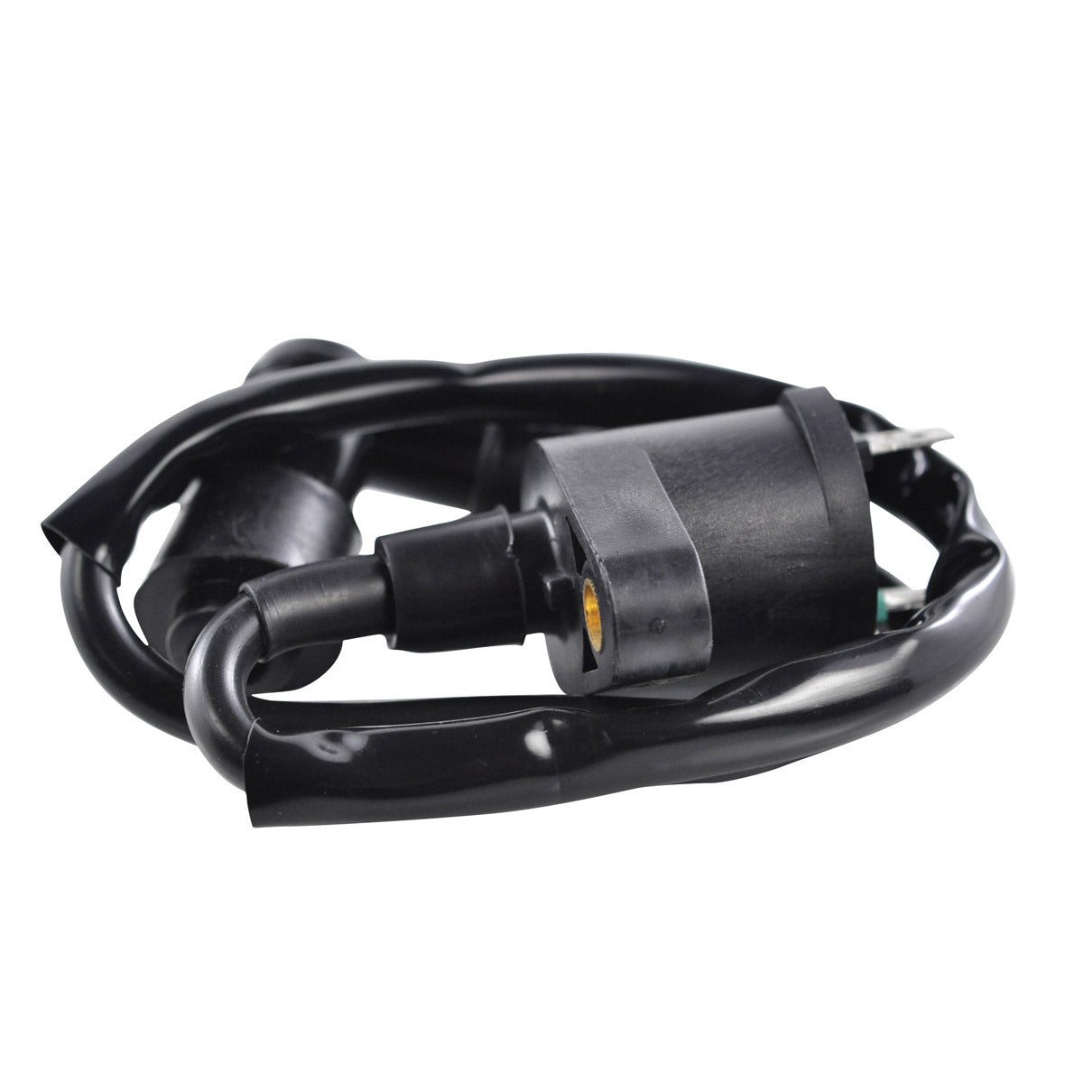 RM STATOR external ignition coil with spark plug cap for motorcycle, showing the coil and attached spark plug cap.