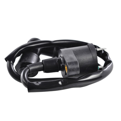 RM STATOR external ignition coil with spark plug cap for motorcycle, showing the coil and attached spark plug cap.