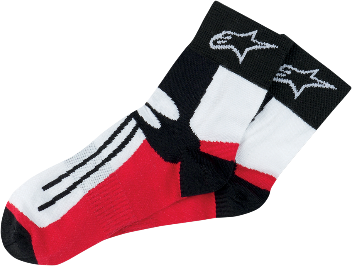 Alpinestars road racing socks in large/xl size, protective gear with reinforced design, shown in black with branding details.