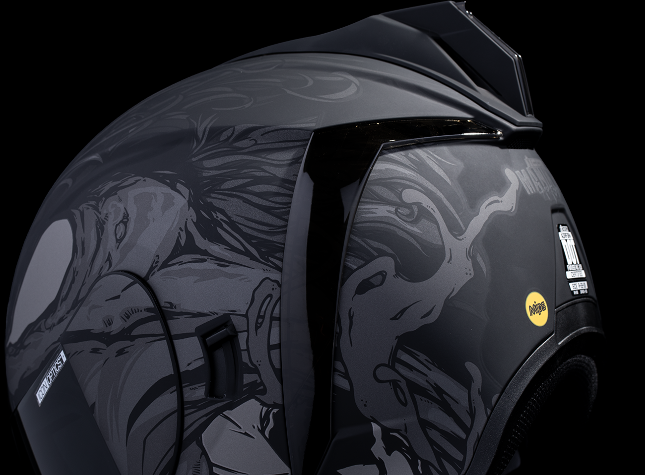 Bill's Exhausts ICON Airform™ helmet in dark black with MIPS® safety features, size 2XL, shown with sleek helmet design.