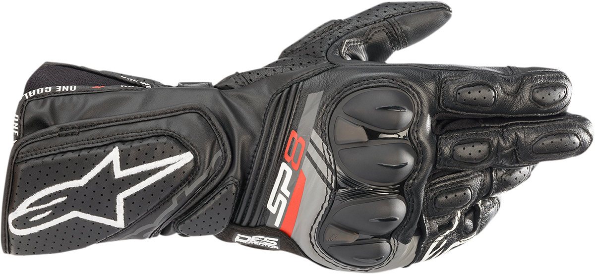 Black Alpinestars SP-8 V3 motorcycle gloves in large size, featuring protective knuckles and reinforced palms.