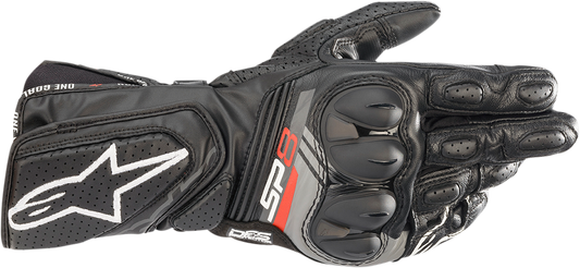 Alpinestars SP-8 V3 black motorcycle gloves in 3XL size, featuring reinforced knuckles and premium leather construction.