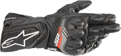 Alpinestars SP-8 V3 motorcycle gloves in black, size 2XL, featuring protective knuckles and reinforced palm for riding safety.