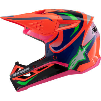 Alpinestars Youth SM3 helmet in gloss orange fluo, purple, and pink fluo with large size, featuring vibrant design and ventilation.