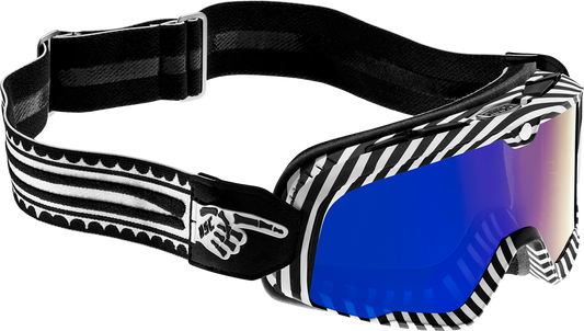 Bill's Exhausts 100% Barstow Goggles with blue mirror lens, featuring a sleek design and adjustable strap for motocross riding.