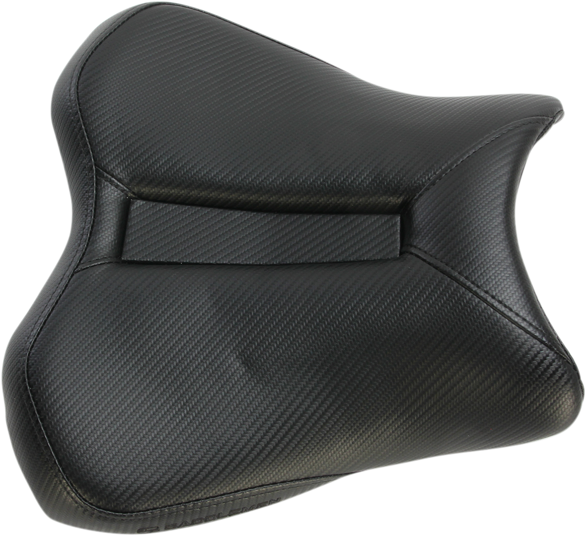 Black SADDLEMEN Gel Channel Track Carbon Fiber Sport Seat for motorcycles, featuring sleek carbon fiber design and ergonomic support.