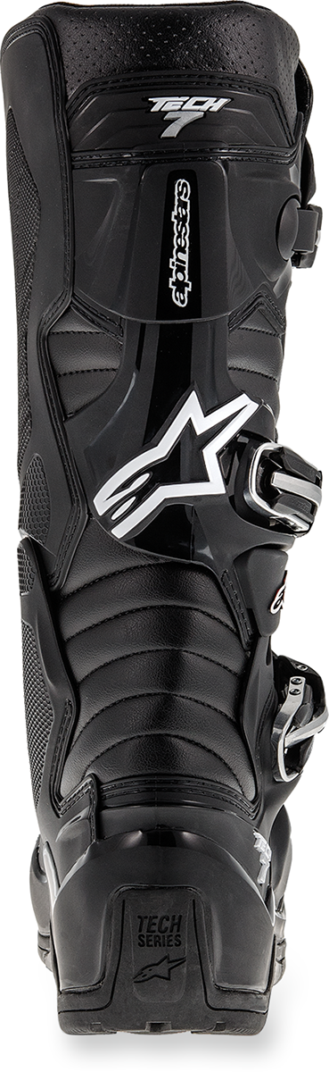 Alpinestars Tech 7 Enduro boots in black with US 12 size, featuring rugged design and protective features for off-road riding.