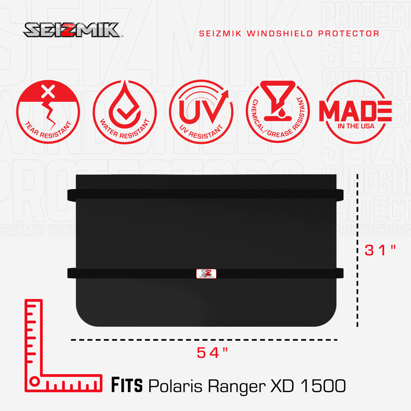 SEIZMIK Windshield Protector for off-road vehicles, clear and durable plastic shield with mounting hardware.
