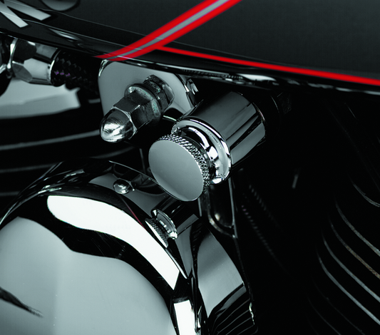 Chrome Kuryakyn Marquis Choke Knob Cover for Harley Davidson Softail and Touring models, adding style and protection.