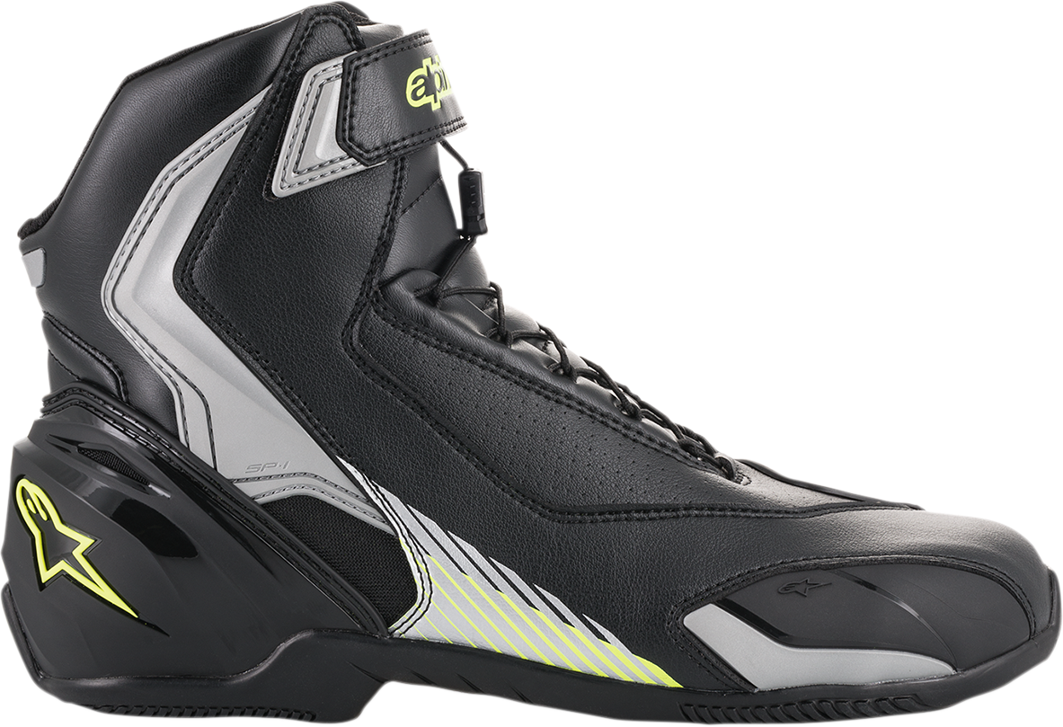 Alpinestars SP-1 v2 riding shoes in black, silver, and yellow with protective design, US 6.5 / EU 40, on a plain background.