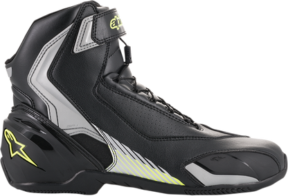 Alpinestars SP-1 v2 riding shoes in black, silver, and yellow with protective design, US 6.5 / EU 40, on a plain background.