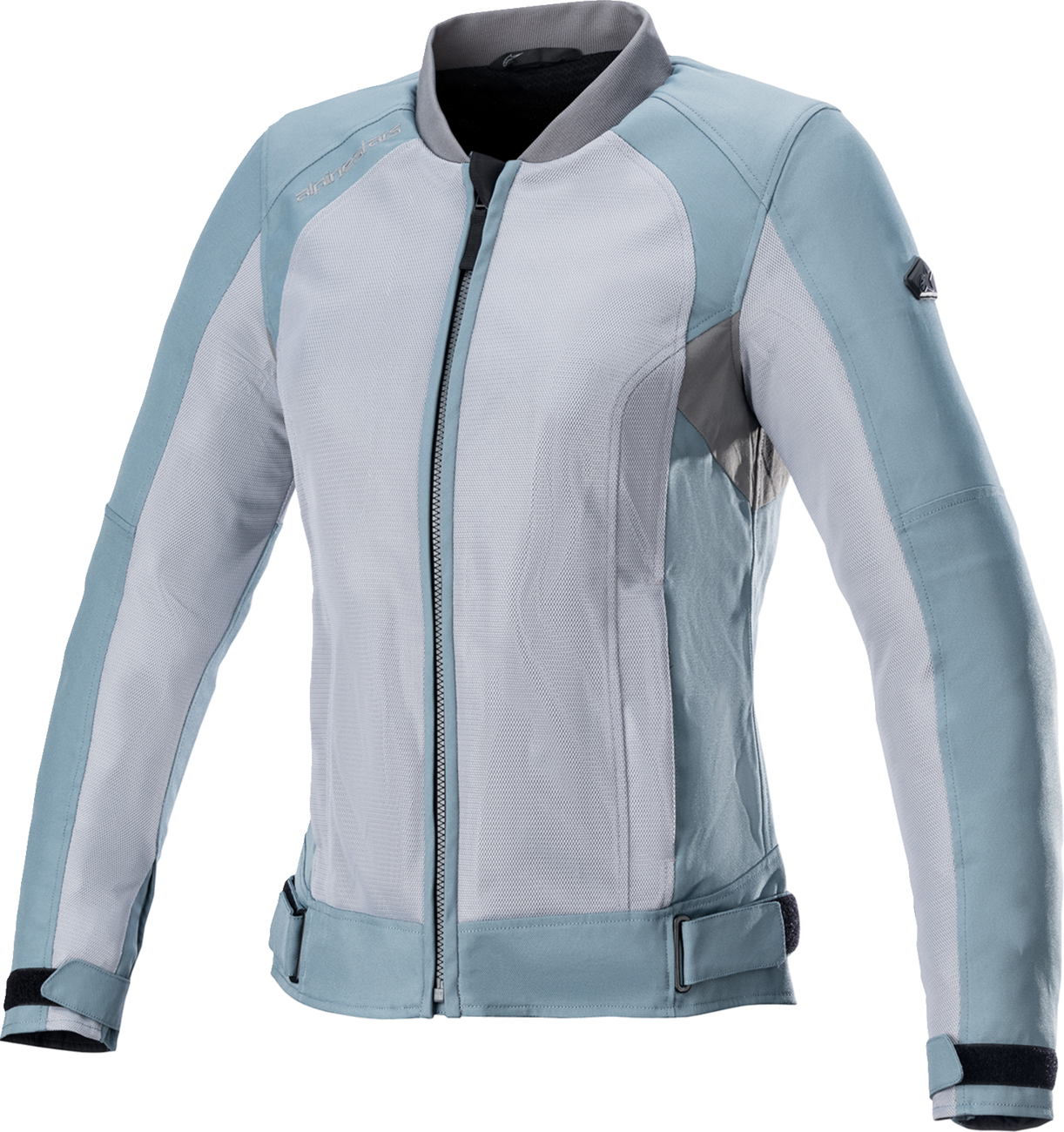 Alpinestars Stella Eloise v2 Air Jacket for women in silver and gray, large size, shown on a hanger.