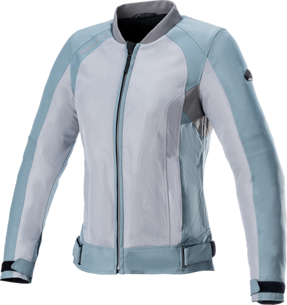Alpinestars Stella Women's Eloise v2 Air Jacket in silver and gray, medium size, shown on a hanger.