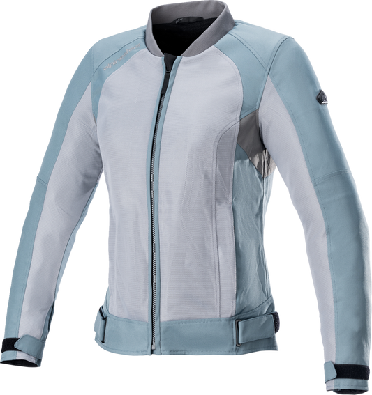 Alpinestars Stella Women's Eloise v2 Air Jacket in silver and gray, medium size, shown on a hanger.