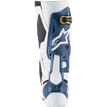 Alpinestars Arlington LE Tech 10 motorcycle boots in white, blue, and gold with black soles, US size 9, side view.