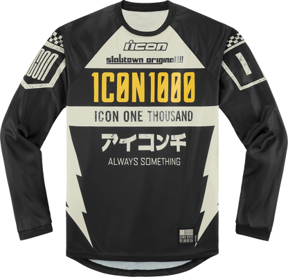 Black ICON Slabtown™ Jersey by Bill's Exhausts displayed flat, showing front view with logo and size Small on the fabric.