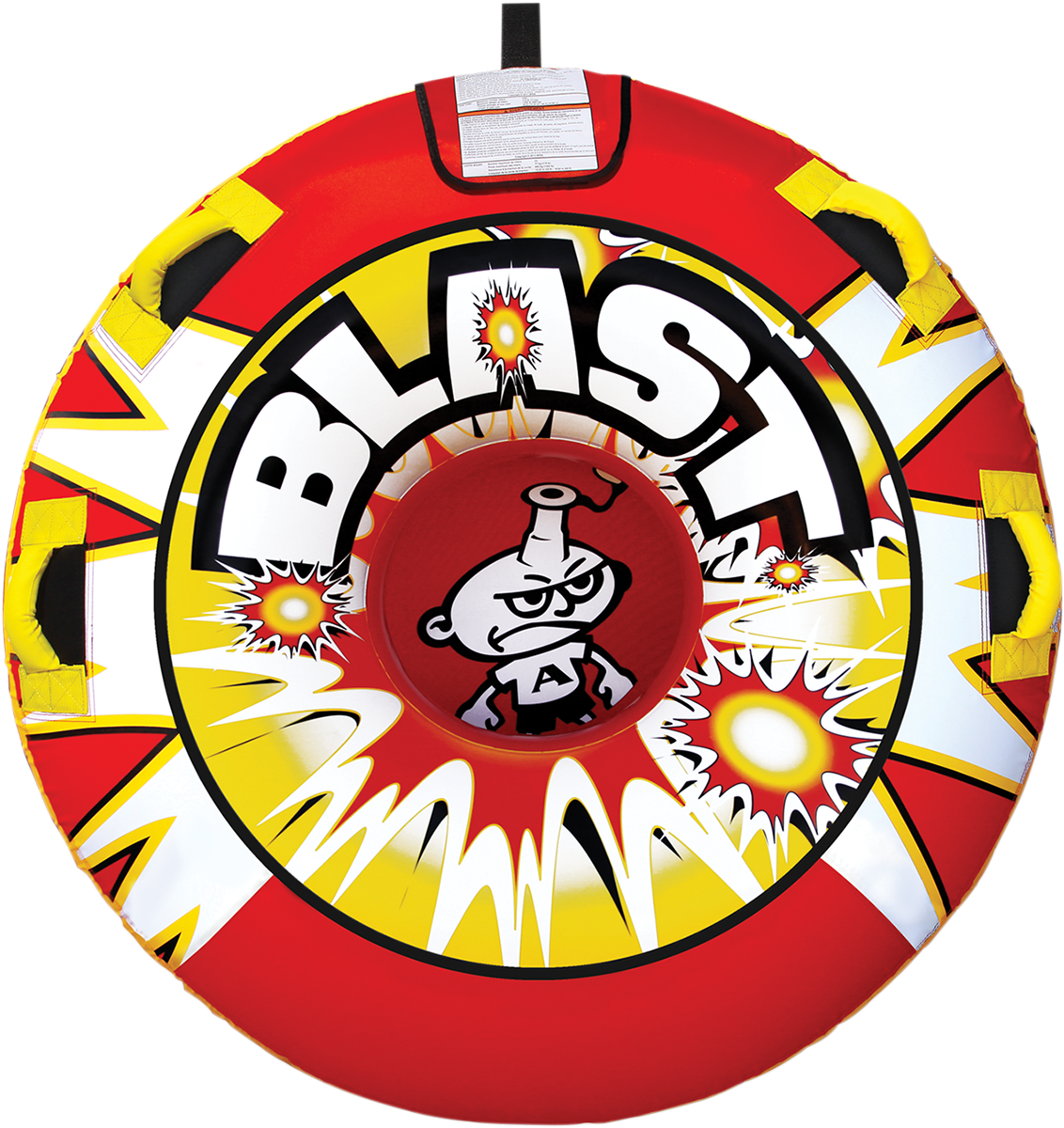 Bill's Exhausts AIRHEAD SPORTS GROUP round water towable Blast AHBL-12 with colorful inflatable design on water.