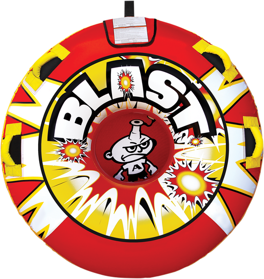 Bill's Exhausts AIRHEAD SPORTS GROUP round water towable Blast AHBL-12 with colorful inflatable design on water.