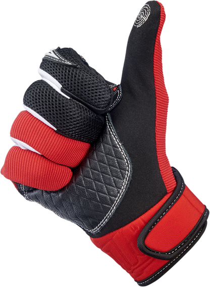 Red BILTWELL Baja Gloves in 2XL, featuring durable leather construction and adjustable wrist straps for motorcycle riding.