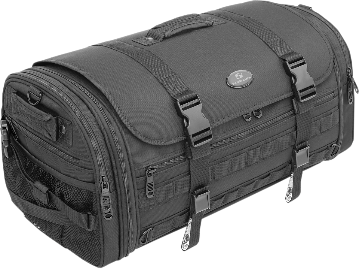Bill's Exhausts SADDLEMEN TR3300 Tactical Deluxe Rack Bag seat, durable black motorcycle accessory with multiple compartments.
