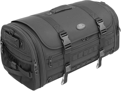 Bill's Exhausts SADDLEMEN TR3300 Tactical Deluxe Rack Bag seat, durable black motorcycle accessory with multiple compartments.