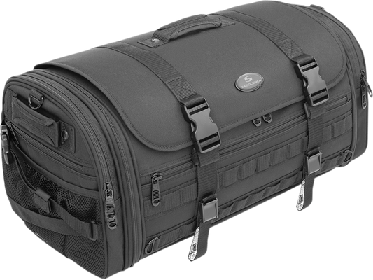 Bill's Exhausts SADDLEMEN TR3300 Tactical Deluxe Rack Bag seat, durable black motorcycle accessory with multiple compartments.