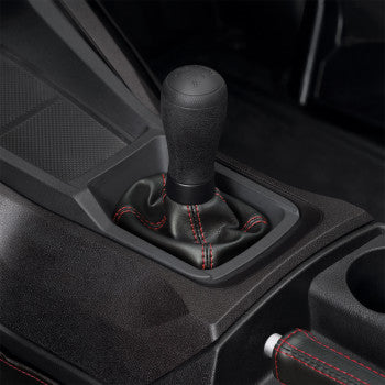 Red SHOW CHROME Shifter Boot for Slingshot motorcycle, featuring durable leather with reinforced stitching, designed for easy gear shifting.