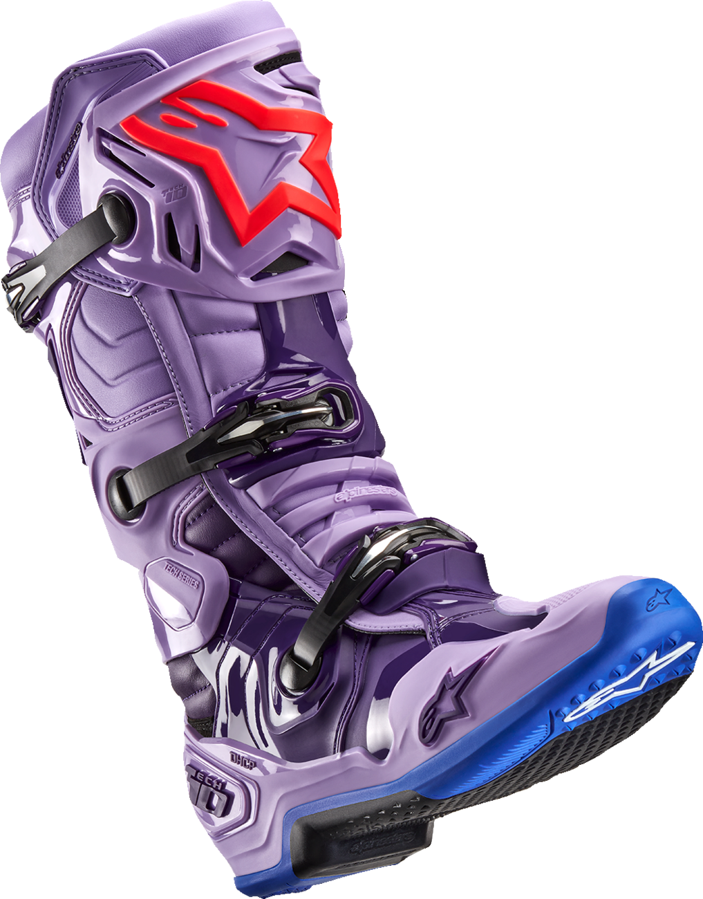 Alpinestars Tech 10 motorcycle boots in laser purple with black accents, US size 10, showing side view and protective design features.
