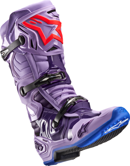 Alpinestars Tech 10 motorcycle boots in laser purple with black accents, US size 10, showing side view and protective design features.