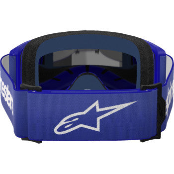 Alpinestars Vision 3 goggles with blue frame and silver mirror lenses, featuring a wordmark design.