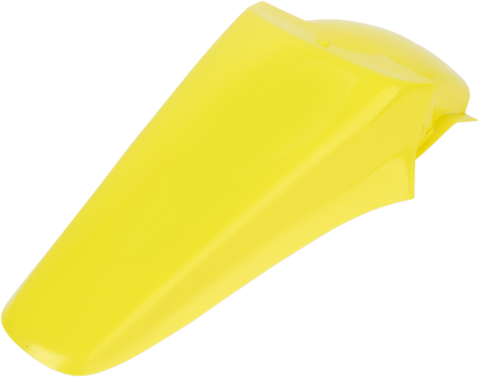 A yellow Acerbis rear fender for motocross bikes, showcasing its curved shape and mounting points, designed by Bill's Exhausts.
