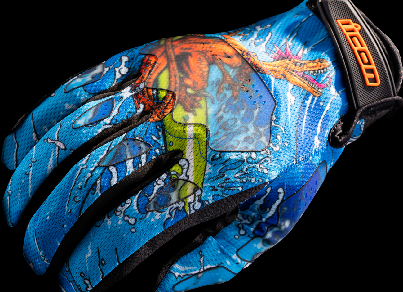 Blue ICON Hooligan Dino Fury gloves by Bill's Exhausts, small size, featuring sporty design and durable fabric.
