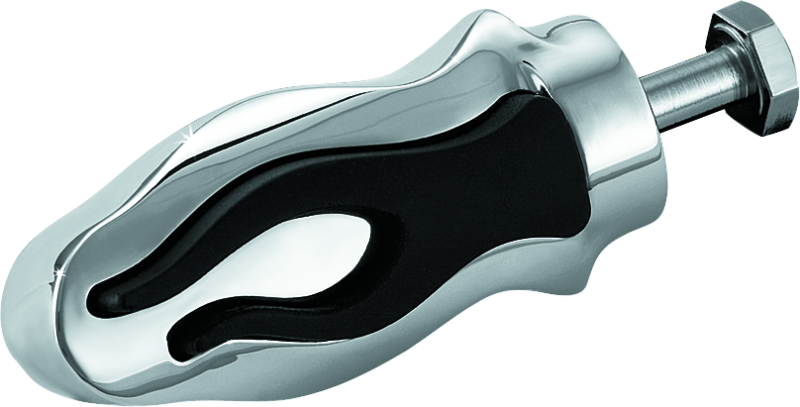 Chrome Kuryakyn Flamin Shift Peg for Harley-Davidson motorcycles, featuring bold flame design and durable metal construction.