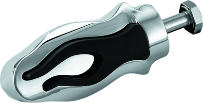 Chrome Kuryakyn Flamin Shift Peg for Harley-Davidson motorcycles, featuring bold flame design and durable metal construction.