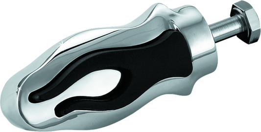 Chrome Kuryakyn Flamin Shift Peg for Harley-Davidson motorcycles, featuring bold flame design and durable metal construction.