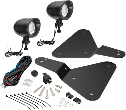 Bill's Exhausts SHOW CHROME Black Satin Spyder F3 41-301LBK engine driving lights with sleek black satin finish.