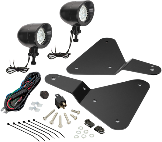 Bill's Exhausts SHOW CHROME Black Satin Spyder F3 41-301LBK engine driving lights with sleek black satin finish.