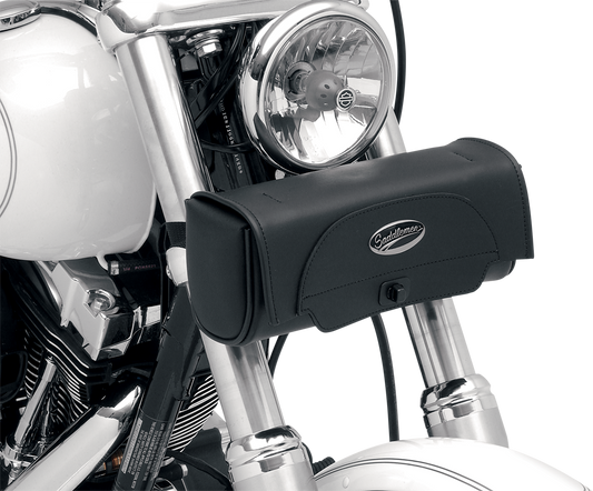 Large Saddlemens Cruis'n Tool Bag mounted on motorcycle seat, black accessory for easy tool access by Bill's Exhausts.