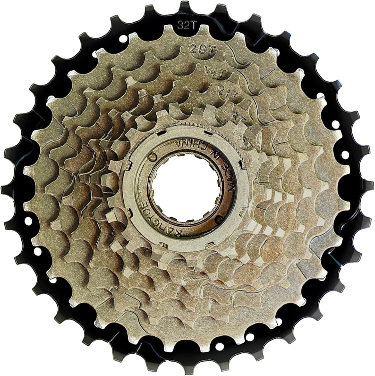 Hycline 8-speed 13-32T bicycle freewheel with metal cogs for smooth gear shifting on a bike drivetrain.