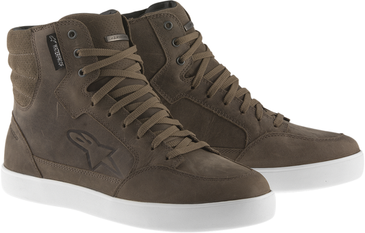 Alpinestars J-6 waterproof shoes in brown with US size 7, featuring durable design and secure lacing for outdoor activities.