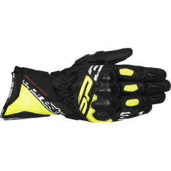 Alpinestars SP-3 motorcycle gloves in black, fluo yellow, and white, small size, showing textured leather and protective details.