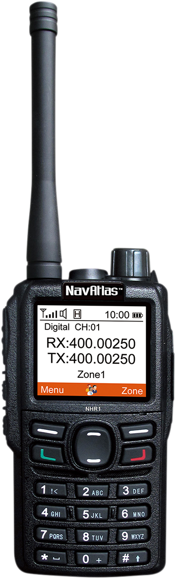 NAVATLAS Handheld Radio NHR1 dual band engine radio device by Bill's Exhausts, shown with controls and antenna in view.
