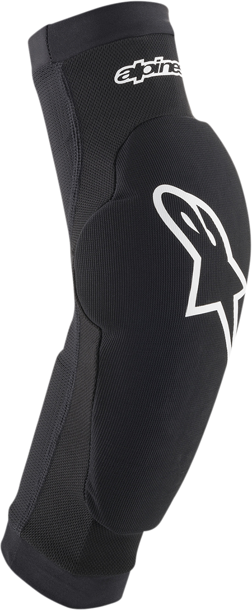 Youth ALPINESTARS Paragon Plus Elbow Guards in black and white, protective gear designed for kids, size L/XL.