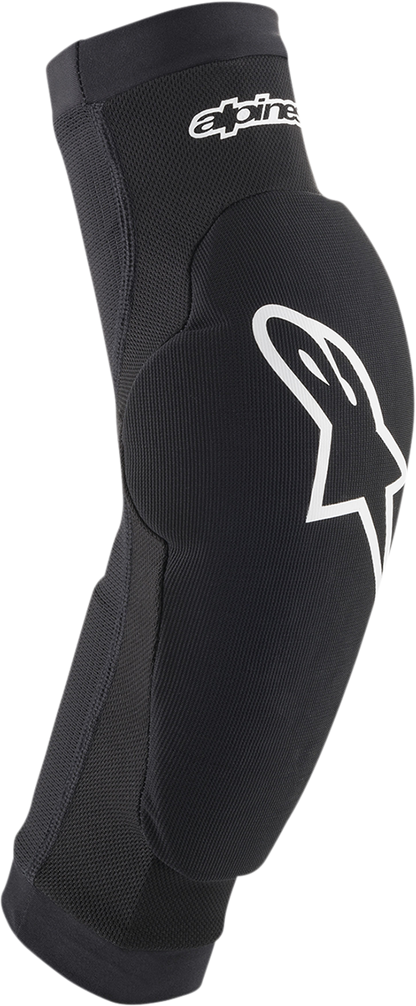 Youth ALPINESTARS Paragon Plus Elbow Guards in black and white, protective gear designed for kids, size L/XL.