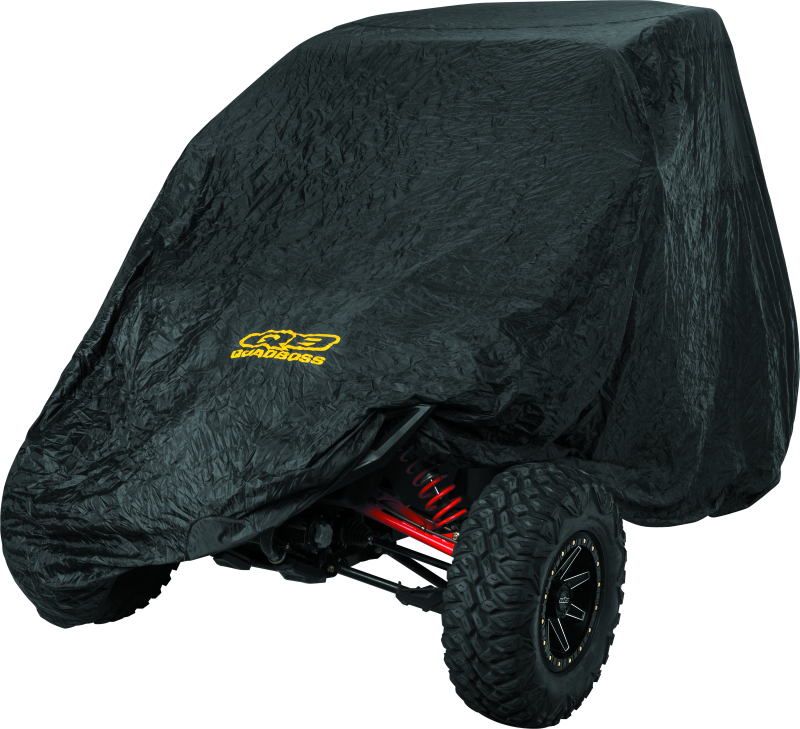 Black QuadBoss UTV cover for Polaris Ranger Crew, RZR XP 900 & 1000, Kawasaki Mule, protecting UTVs from weather and debris.