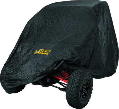 Black QuadBoss UTV cover for Polaris Ranger Crew, RZR XP 900 & 1000, Kawasaki Mule, protecting UTVs from weather and debris.